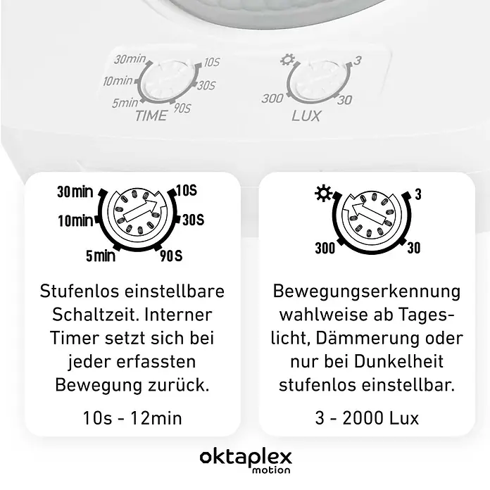 Oktaplex Motion Bewegungsmelder Tim - Reichweite Sensor: 10 m, Weiß, Erfassungswinkel Sensor: 360 °, L x B x H: 102 x 102 x 60 mm