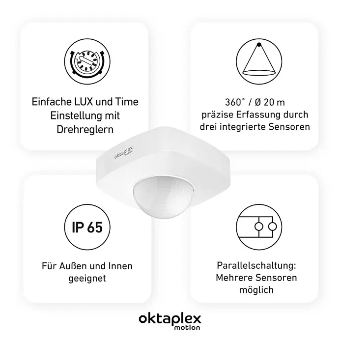 Oktaplex Motion Bewegungsmelder Tim - Reichweite Sensor: 10 m, Weiß, Erfassungswinkel Sensor: 360 °, L x B x H: 102 x 102 x 60 mm