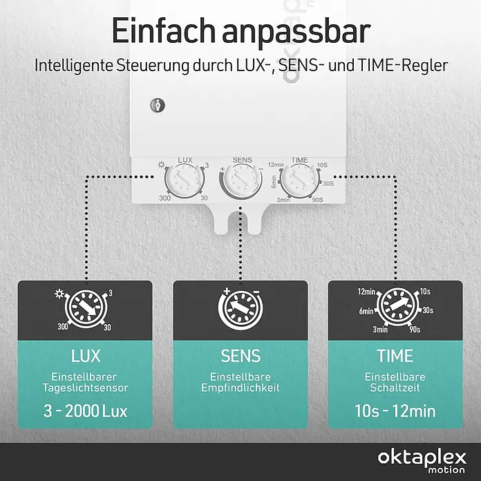 Oktaplex Motion Bewegungsmelder Amy - Reichweite Sensor: 6 m, Weiß, Erfassungswinkel Sensor: 180 °, L x B x H: 78 x 45 x 25 mm