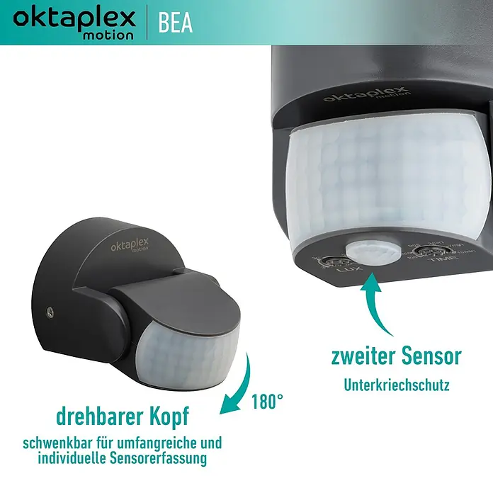 Oktaplex Motion Bewegungsmelder Bea - Reichweite Sensor: 12 m, Anthrazit, Erfassungswinkel Sensor: 180 °, L x B x H: 92 x 76 x 64 mm