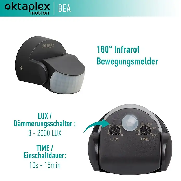 Oktaplex Motion Bewegungsmelder Bea - Reichweite Sensor: 12 m, Anthrazit, Erfassungswinkel Sensor: 180 °, L x B x H: 92 x 76 x 64 mm