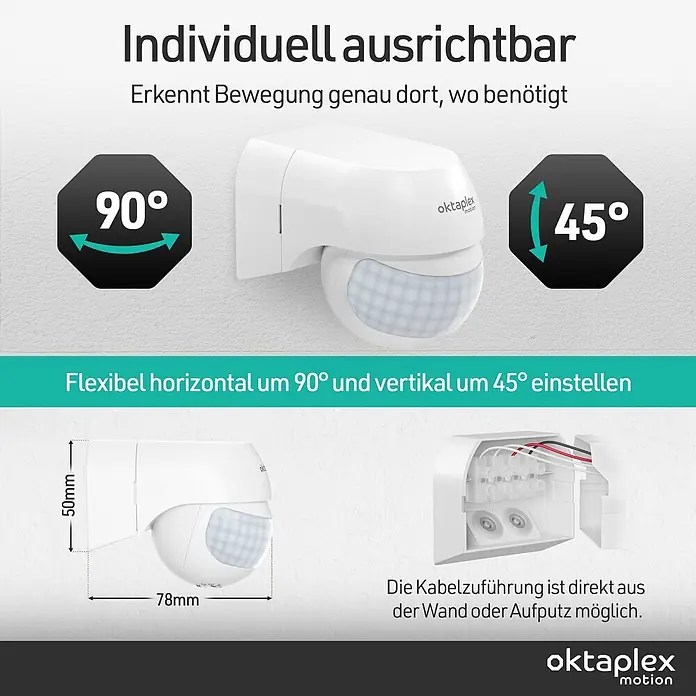 Oktaplex Motion Bewegungsmelder Ana - Reichweite Sensor: 12 m, Weiß, Erfassungswinkel Sensor: 180 °, L x B x H: 80 x 55 x 65 mm