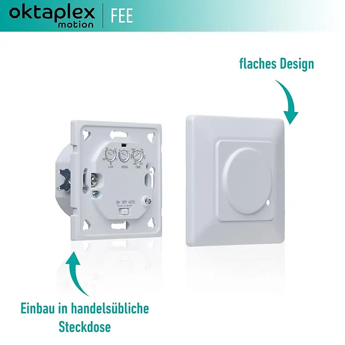 Oktaplex Motion Bewegungsmelder Fee - Reichweite Sensor: 15 m, Weiß, Erfassungswinkel Sensor: 180 °, L x B x H: 47 x 80 x 80 mm