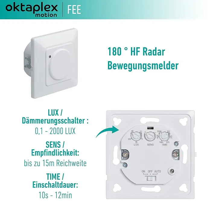 Oktaplex Motion Bewegungsmelder Fee - Reichweite Sensor: 15 m, Weiß, Erfassungswinkel Sensor: 180 °, L x B x H: 47 x 80 x 80 mm
