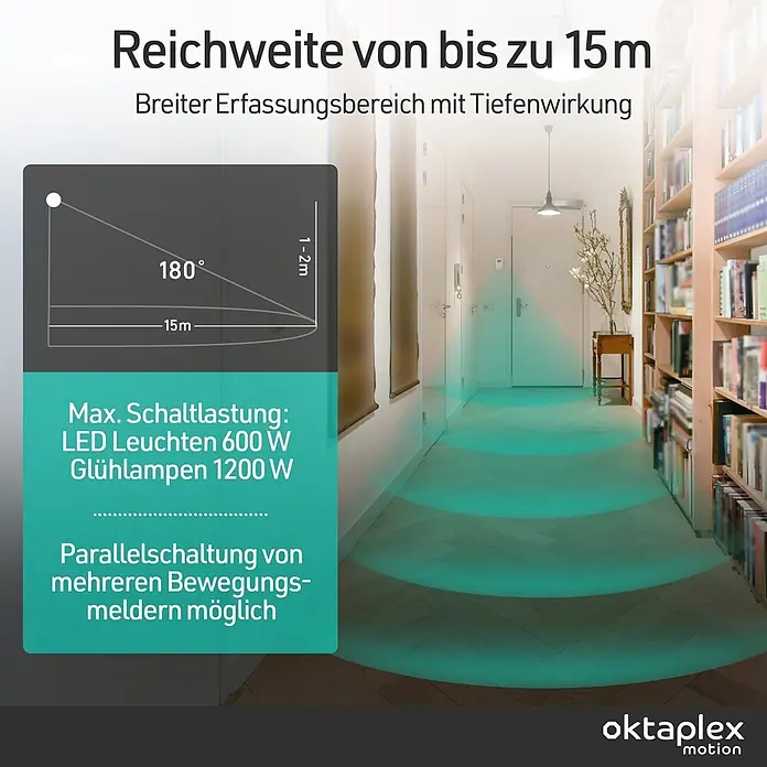 Oktaplex Motion Bewegungsmelder Pit - Reichweite Sensor: 15 m, Weiß, Erfassungswinkel Sensor: 180 °, L x B x H: 41 x 70 x 109 mm