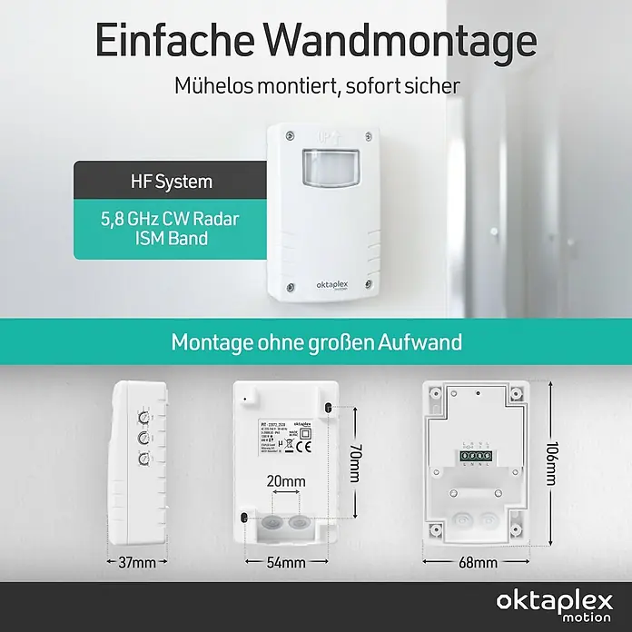 Oktaplex Motion Bewegungsmelder Pit - Reichweite Sensor: 15 m, Weiß, Erfassungswinkel Sensor: 180 °, L x B x H: 41 x 70 x 109 mm
