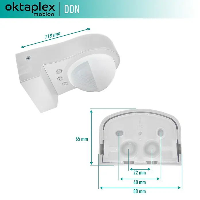 Oktaplex Motion Bewegungsmelder Don - Reichweite Sensor: 10 m, Weiß, Erfassungswinkel Sensor: 240 °, L x B x H: 118 x 82 x 55 mm