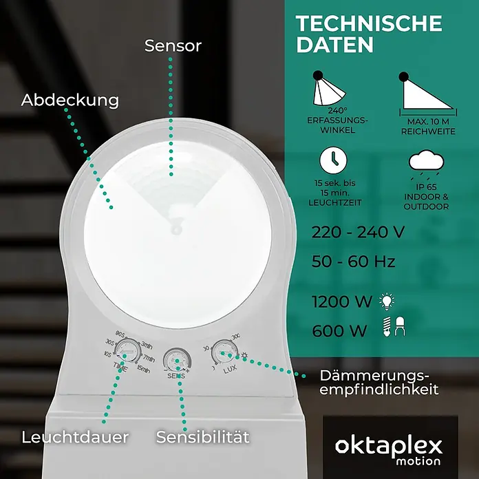 Oktaplex Motion Bewegungsmelder Don - Reichweite Sensor: 10 m, Weiß, Erfassungswinkel Sensor: 240 °, L x B x H: 118 x 82 x 55 mm