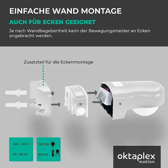 Oktaplex Motion Bewegungsmelder Don - Reichweite Sensor: 10 m, Weiß, Erfassungswinkel Sensor: 240 °, L x B x H: 118 x 82 x 55 mm