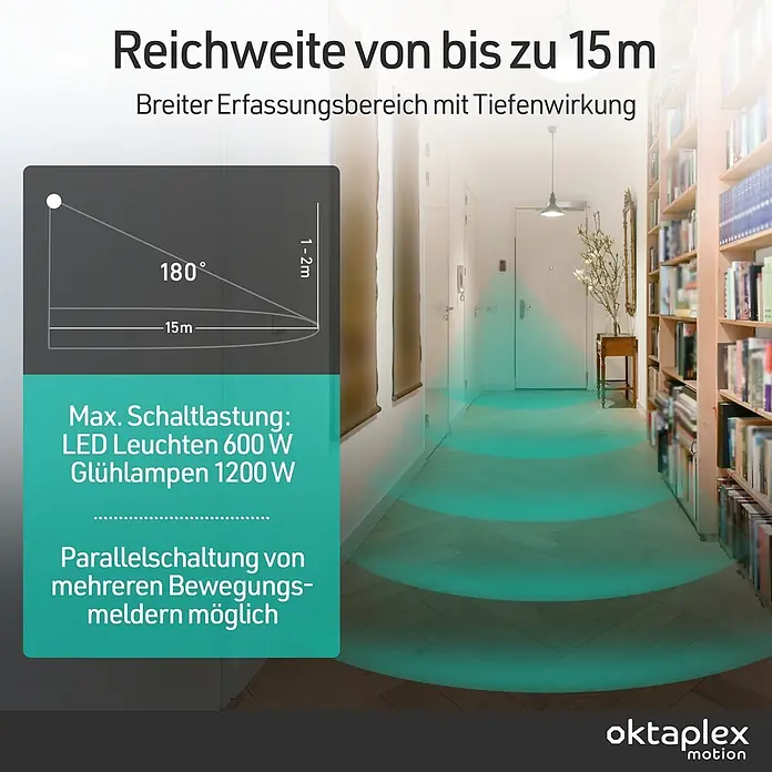 Oktaplex Motion Bewegungsmelder Pit - Reichweite Sensor: 15 m, Schwarz, Erfassungswinkel Sensor: 180 °, L x B x H: 41 x 70 x 109 mm