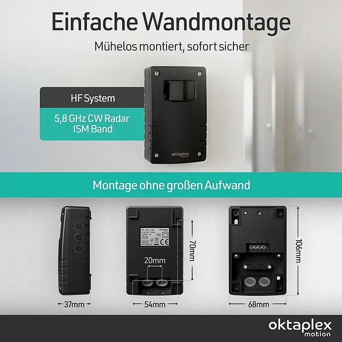 Oktaplex Motion Bewegungsmelder Pit - Reichweite Sensor: 15 m, Schwarz, Erfassungswinkel Sensor: 180 °, L x B x H: 41 x 70 x 109 mm