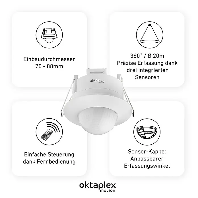 Oktaplex Motion Bewegungsmelder Sam - Reichweite Sensor: 10 m, Weiß, Erfassungswinkel Sensor: 360 °, L x B x H: 100 x 100 x 92 mm