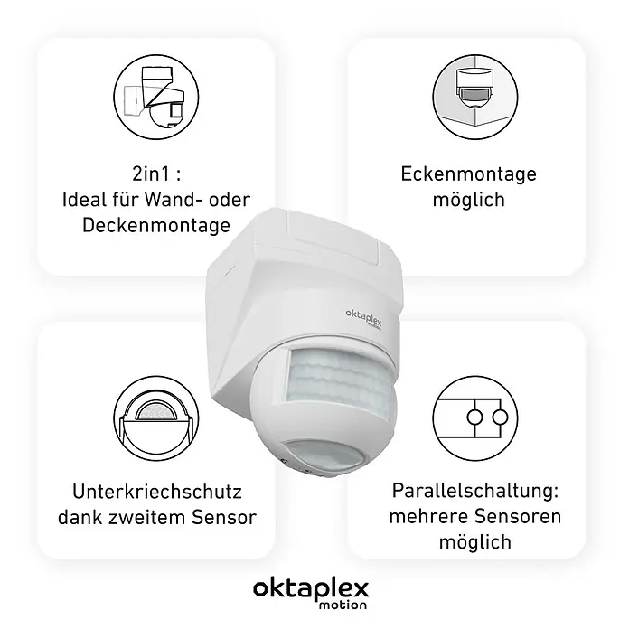 Oktaplex Motion Bewegungsmelder Lea - Reichweite Sensor: 12 m, Weiß, Erfassungswinkel Sensor: 180 °, L x B x H: 135 x 72 x 76 mm