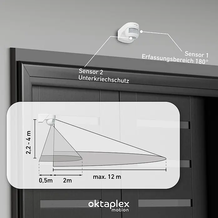 Oktaplex Motion Bewegungsmelder Lea - Reichweite Sensor: 12 m, Weiß, Erfassungswinkel Sensor: 180 °, L x B x H: 135 x 72 x 76 mm