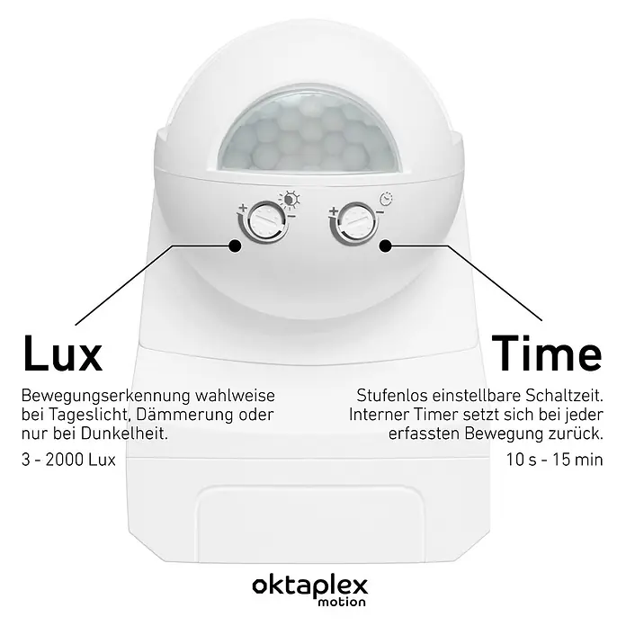 Oktaplex Motion Bewegungsmelder Lea - Reichweite Sensor: 12 m, Weiß, Erfassungswinkel Sensor: 180 °, L x B x H: 135 x 72 x 76 mm