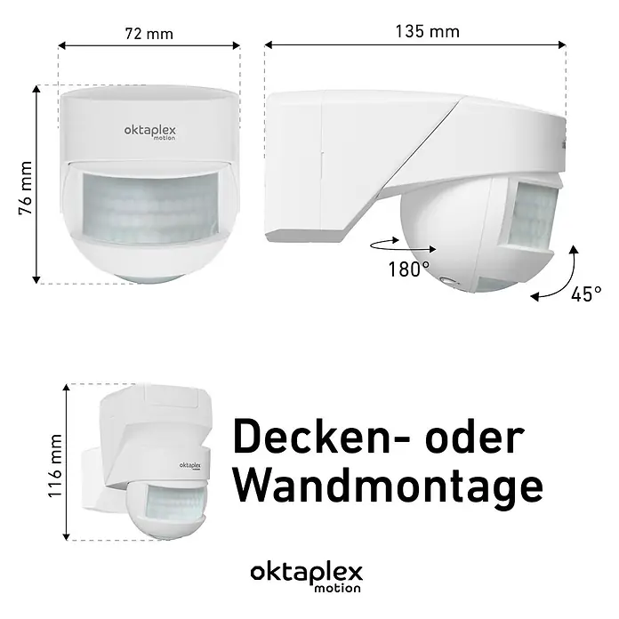 Oktaplex Motion Bewegungsmelder Lea - Reichweite Sensor: 12 m, Weiß, Erfassungswinkel Sensor: 180 °, L x B x H: 135 x 72 x 76 mm