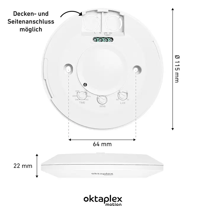 Oktaplex Motion Bewegungsmelder Ida - Reichweite Sensor: 8 m, Weiß, Erfassungswinkel Sensor: 360 °, L x B x H: 115 x 115 x 22 mm