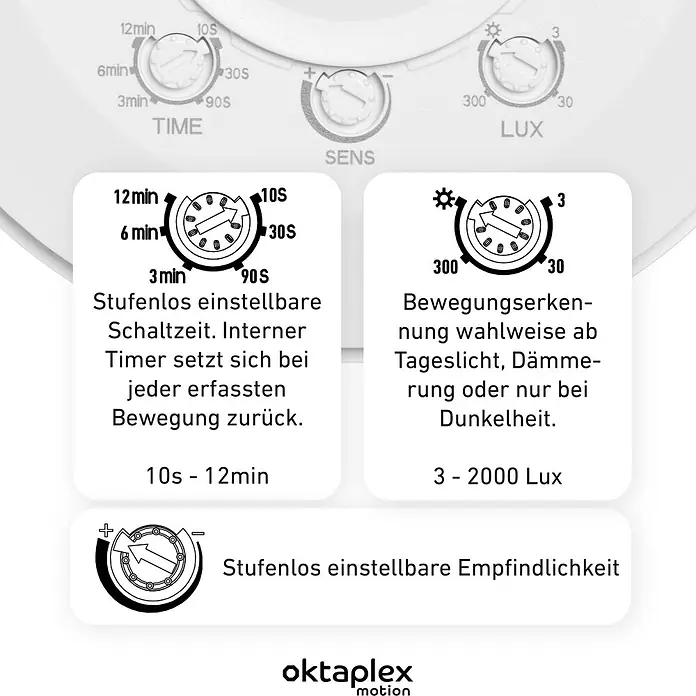 Oktaplex Motion Bewegungsmelder Ida - Reichweite Sensor: 8 m, Weiß, Erfassungswinkel Sensor: 360 °, L x B x H: 115 x 115 x 22 mm