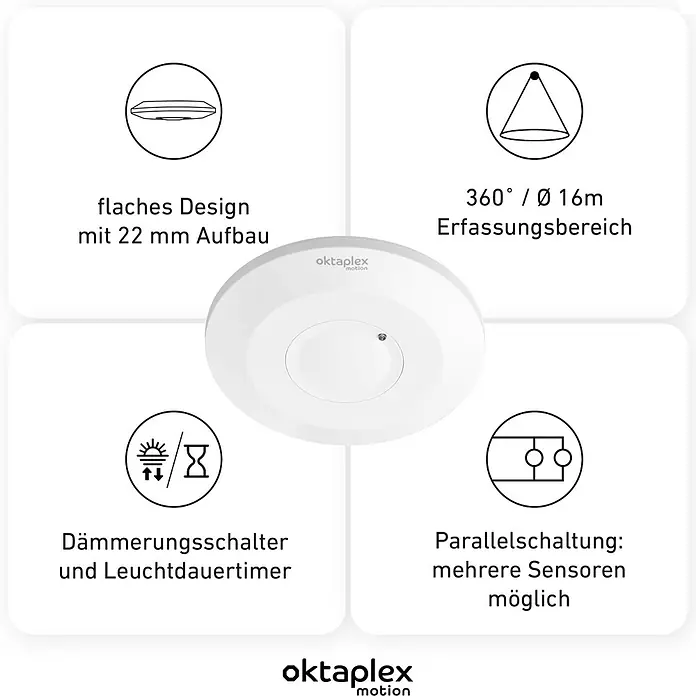 Oktaplex Motion Bewegungsmelder Ida - Reichweite Sensor: 8 m, Weiß, Erfassungswinkel Sensor: 360 °, L x B x H: 115 x 115 x 22 mm