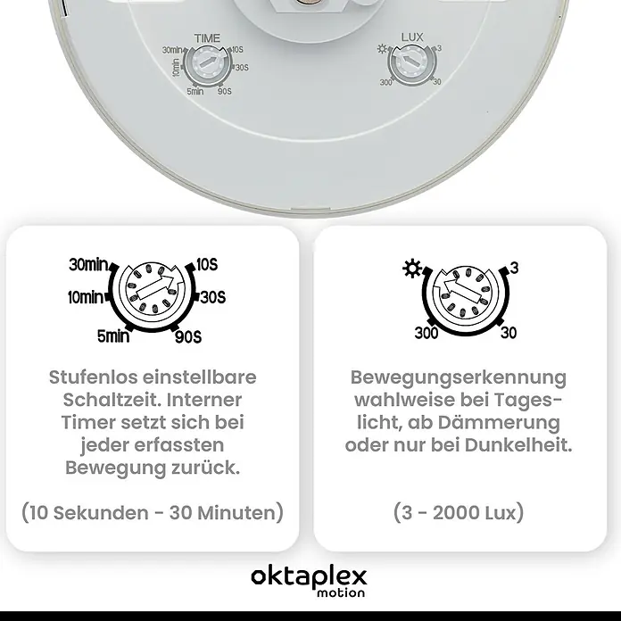 Oktaplex Motion Bewegungsmelder Pia - Reichweite Sensor: 9 m, Weiß, Erfassungswinkel Sensor: 360 °, L x B x H: 115 x 115 x 48 mm