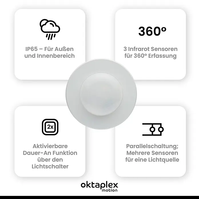 Oktaplex Motion Bewegungsmelder Pia - Reichweite Sensor: 9 m, Weiß, Erfassungswinkel Sensor: 360 °, L x B x H: 115 x 115 x 48 mm