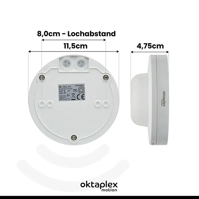 Oktaplex Motion Bewegungsmelder Pia - Reichweite Sensor: 9 m, Weiß, Erfassungswinkel Sensor: 360 °, L x B x H: 115 x 115 x 48 mm