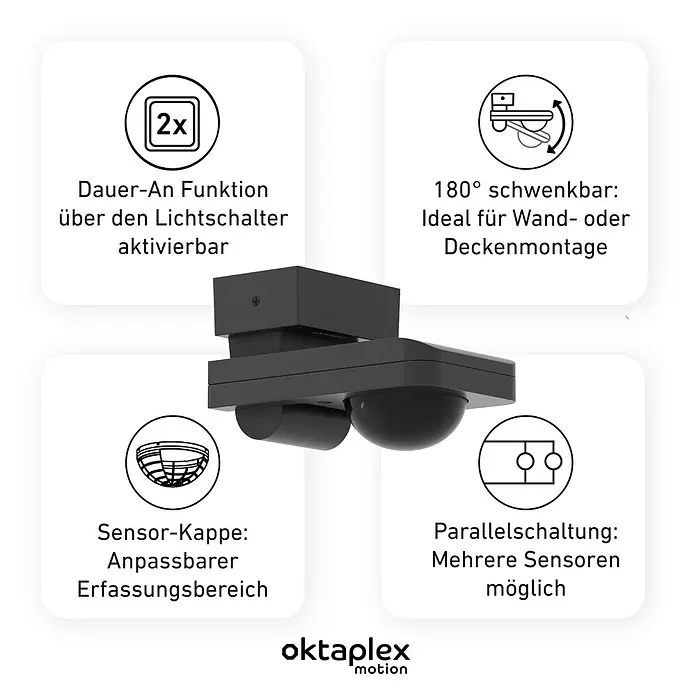 Oktaplex Motion Bewegungsmelder Tea - Reichweite Sensor: 9 m, Anthrazit, Erfassungswinkel Sensor: 360 °, L x B x H: 174 x 87 x 66 mm