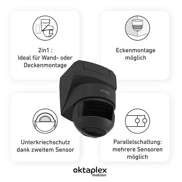Oktaplex Motion Bewegungsmelder Lea - Reichweite Sensor: 12 m, Anthrazit, Erfassungswinkel Sensor: 180 °, L x B x H: 135 x 72 x 76 mm