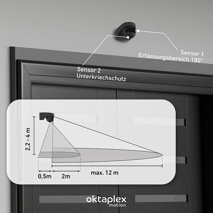 Oktaplex Motion Bewegungsmelder Lea - Reichweite Sensor: 12 m, Anthrazit, Erfassungswinkel Sensor: 180 °, L x B x H: 135 x 72 x 76 mm