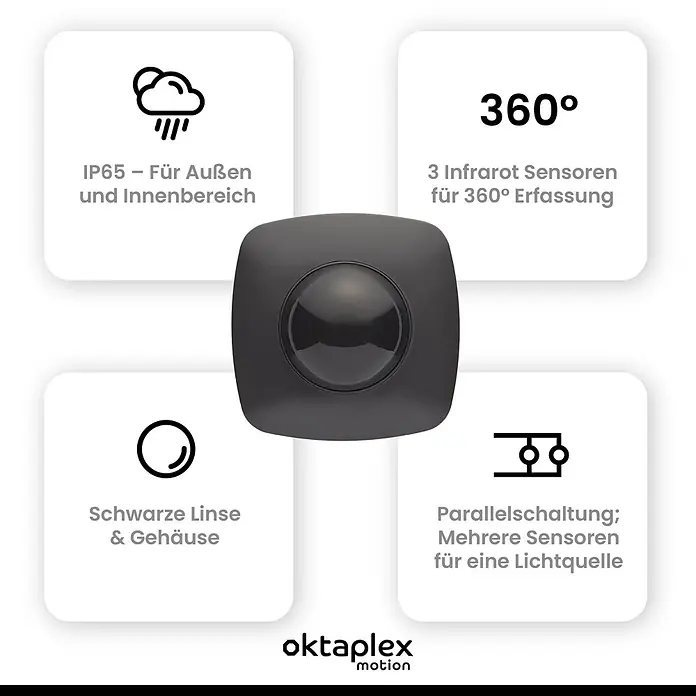 Oktaplex Motion Bewegungsmelder Tim - Reichweite Sensor: 10 m, Anthrazit, Erfassungswinkel Sensor: 360 °, L x B x H: 102 x 102 x 60 mm