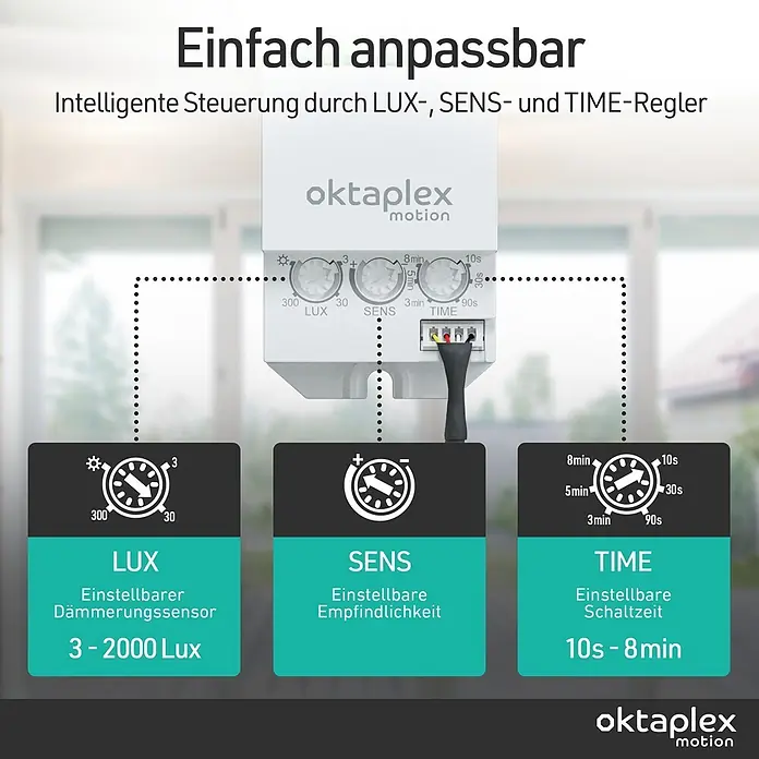 Oktaplex Motion Bewegungsmelder Jana - Reichweite Sensor: 8 m, Weiß, Erfassungswinkel Sensor: 360 °, L x B x H: 37 x 70 x 24 mm