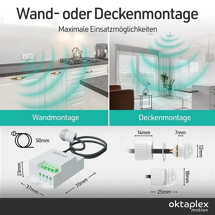 Oktaplex Motion Bewegungsmelder Jana - Reichweite Sensor: 8 m, Weiß, Erfassungswinkel Sensor: 360 °, L x B x H: 37 x 70 x 24 mm
