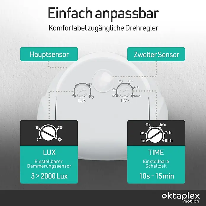 Oktaplex Motion Bewegungsmelder Bea - Reichweite Sensor: 12 m, Weiß, Erfassungswinkel Sensor: 180 °, L x B x H: 92 x 76 x 64 mm