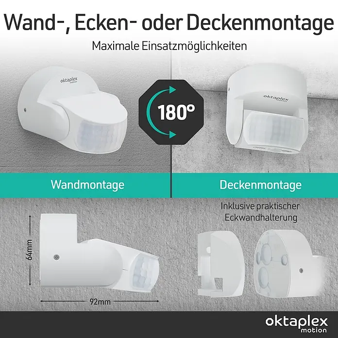 Oktaplex Motion Bewegungsmelder Bea - Reichweite Sensor: 12 m, Weiß, Erfassungswinkel Sensor: 180 °, L x B x H: 92 x 76 x 64 mm