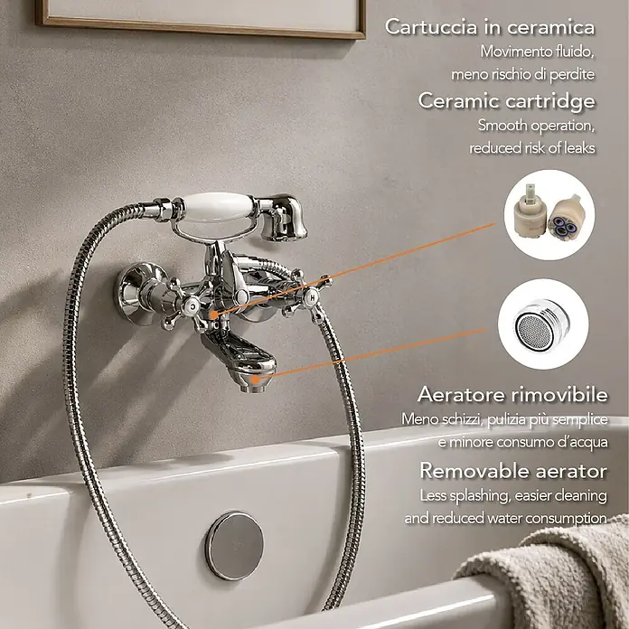 Kiamami Valentina Badewannenarmatur - Silber - Verchromte Badarmatur mit weißen Keramikgriffen und Handbrause über einer weißen Badewanne. Mit Keramikkartusche und abnehmbarem Perlator.