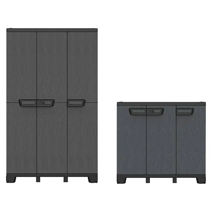 Terry Armario multiusos de plástico  Ardesia - Gris oscuro/Negro, 2 piezas - Dos armarios de almacenaje de plástico gris oscuro con textura cepillada y tiradores negros, uno alto y otro bajo.