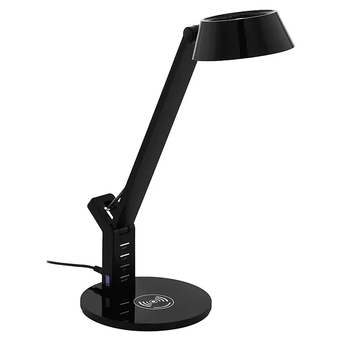 Eglo Lámpara de sobremesa LED Banderalo - 4,8 W, L x An x Al: 30,5 x 17 x 40,5 cm, Negro, Blanco neutro - Lámpara de escritorio negra ajustable con base de carga inalámbrica y controles táctiles para brillo y temperatura de color.