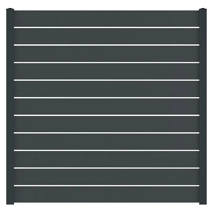 Deutsche Zauntechnik Zaun-Set Vidual Line 2 - B x H: 31,91 x 1,75 m, Anthrazitgrau, Stecken - Anthrazitfarbenes Zaunpaneel mit horizontalen Lamellen und zwei vertikalen Pfosten.
