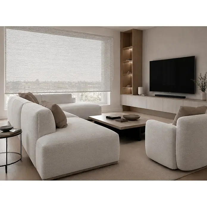 Estor enrollable Traslúcido Ares - An x Al: 150 x 250 cm, Gris - Estor enrollable claro texturizado cubriendo una gran ventana en una sala de estar moderna, ofreciendo privacidad y control de la luz.
