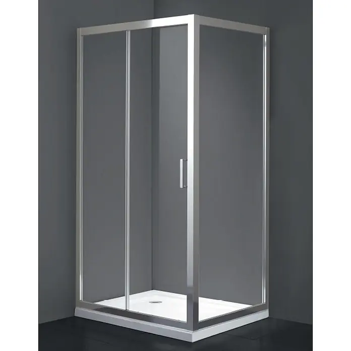 FRASCIO New Tecnology Eckdusche 80 x 145 cm - Verchromt, Chrom, Stärke: 6 mm - Eckduschkabine mit silbernem Rahmen, Klarglaswänden, Schiebetür und weißer Duschwanne.