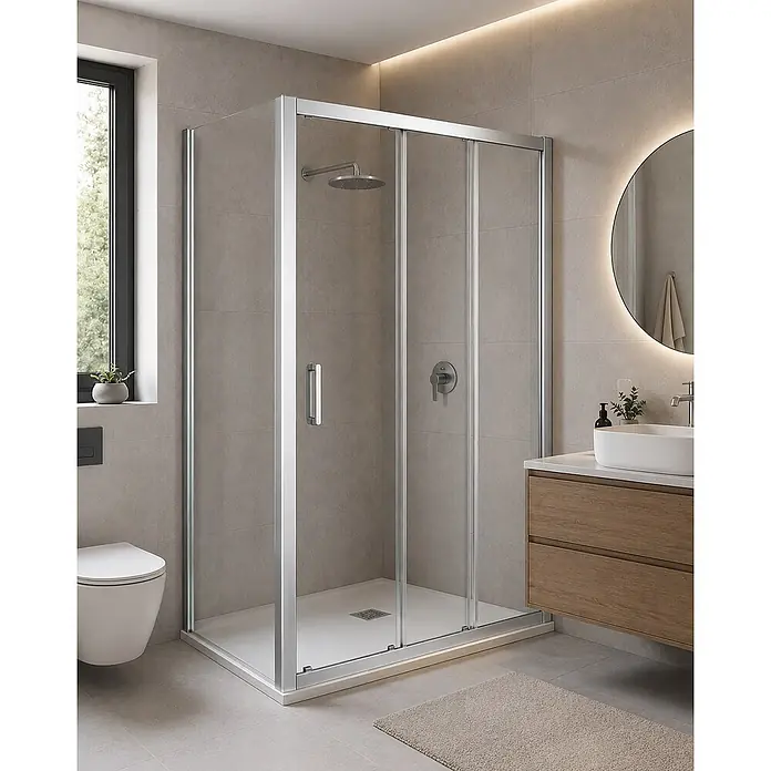 FRASCIO New Tecnology Eckdusche - Verchromt, Farblos, Stärke: 6 mm - Quadratische Duschkabine mit Glasschiebetüren und silbernen Rahmen in einem modernen Badezimmer.