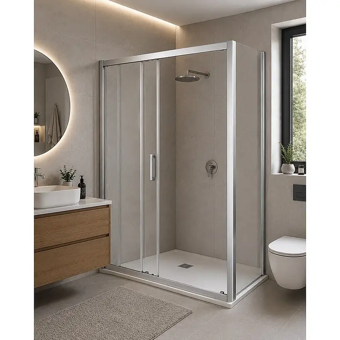 FRASCIO New Tecnology Eckdusche - Verchromt, Farblos, Stärke: 6 mm - Moderne Duschkabine mit Glasschiebetüren und silbernem Rahmen auf einer weißen Duschwanne in einem modernen Badezimmer.