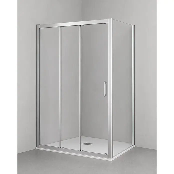 FRASCIO New Tecnology Eckdusche - Verchromt, Farblos, Stärke: 6 mm - Eckduschkabine mit klaren Glasschiebetüren und silbernen Profilen auf einer weißen Duschwanne.