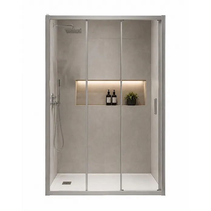 FRASCIO New Tecnology Nischendusche - Verchromt, Farblos, 6 mm - Silbergerahmte Duschkabine mit Glasschiebetüren, weißer Wanne und hellgrauem Flieseninterieur mit beleuchteter Nische.
