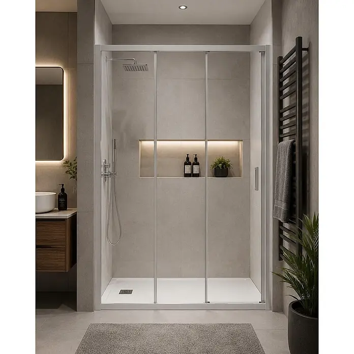 FRASCIO New Tecnology Nischendusche - Verchromt, Farblos, 6 mm - Moderne Duschkabine mit Klarglas-Schiebetüren und weißem Rahmen.