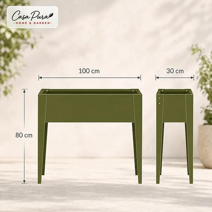 Floordirekt Hochbeet Timo Grün 100 x 30 x 80 cm - 30 x 100 x 80 cm, Metall, Grün - Zwei olivgrüne Hochbeete, ein großes (100x80cm) und ein kleineres (30cm breit), draußen gezeigt.