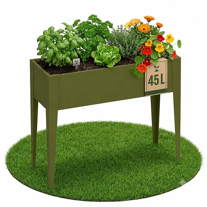 Floordirekt Hochbeet Timo Grün 100 x 30 x 80 cm - 30 x 100 x 80 cm, Metall, Grün - Grünes Hochbeet auf Beinen, gefüllt mit Kräutern, Salat und Blumen, mit 45L-Etikett, steht auf einem runden Rasenstück.
