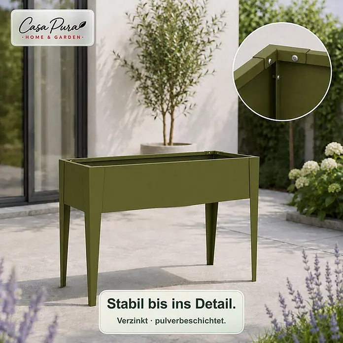 Floordirekt Hochbeet Timo Grün 100 x 30 x 80 cm - 30 x 100 x 80 cm, Metall, Grün - Olivgrünes, verzinktes, pulverbeschichtetes Metall-Hochbeet mit konischen Beinen für den Garten.