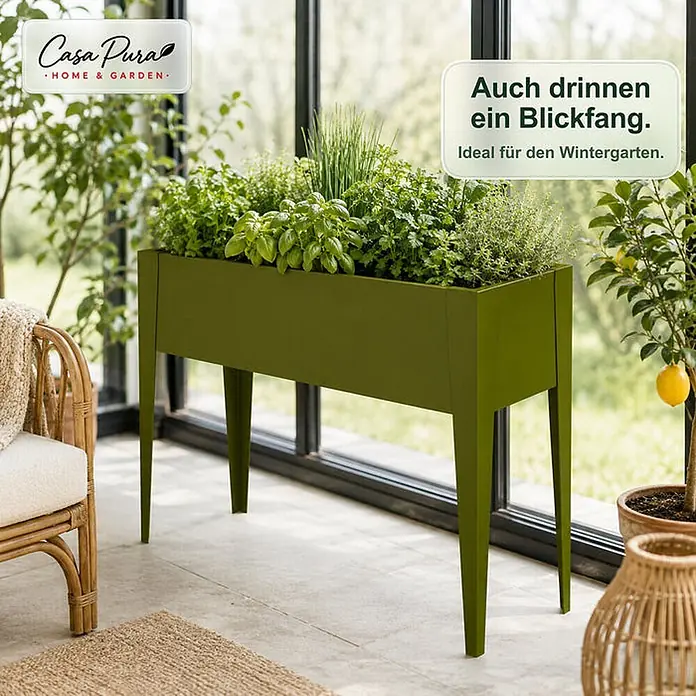 Floordirekt Hochbeet Timo Grün 100 x 30 x 80 cm - 30 x 100 x 80 cm, Metall, Grün - Grünes Hochbeet mit spitz zulaufenden Beinen, gefüllt mit frischen Kräutern, drinnen in einem Wintergarten.