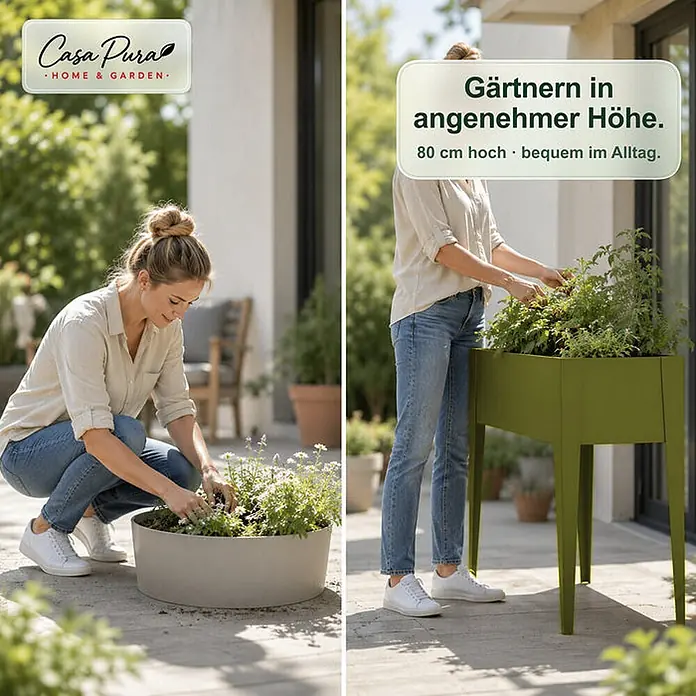 Floordirekt Hochbeet Timo Grün 100 x 30 x 80 cm - 30 x 100 x 80 cm, Metall, Grün - Frau gärtnert bequem am 80 cm hohen, grünen Hochbeet, im Vergleich zu einem niedrigen, runden Pflanzkübel.